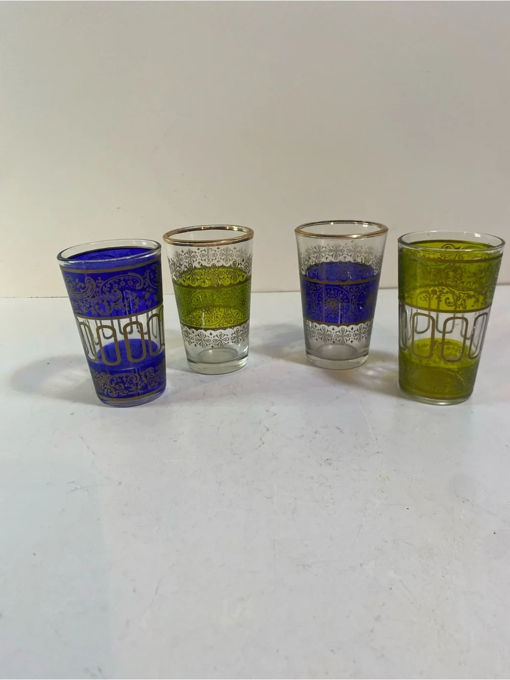 Set Of 4 Moroccan Royal Blue & Green Bar Glasses Gold Moorish Arabesque Design